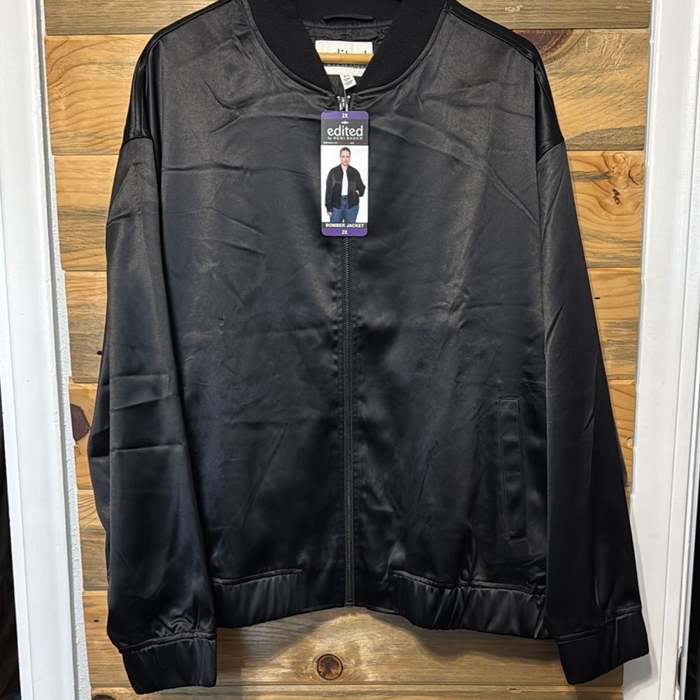 Edited by Remi Bader Sleek Satiny Long‎ Sleeve Black Bomber Jacket Plus Size: 2X